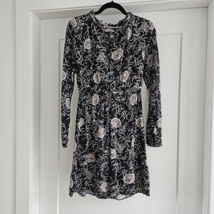LOFT Black and Cream Floral Long Sleeve Dress